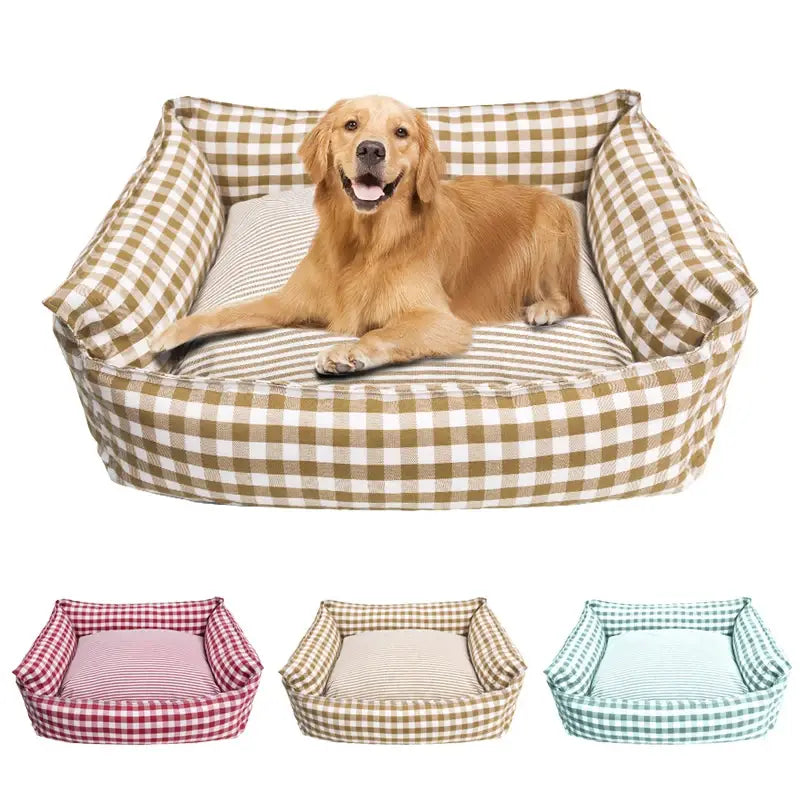 A cozy rectangular plush gingham check pet bed with a beige and white gingham cotton exterior and striped interior cushioning designed for dogs.