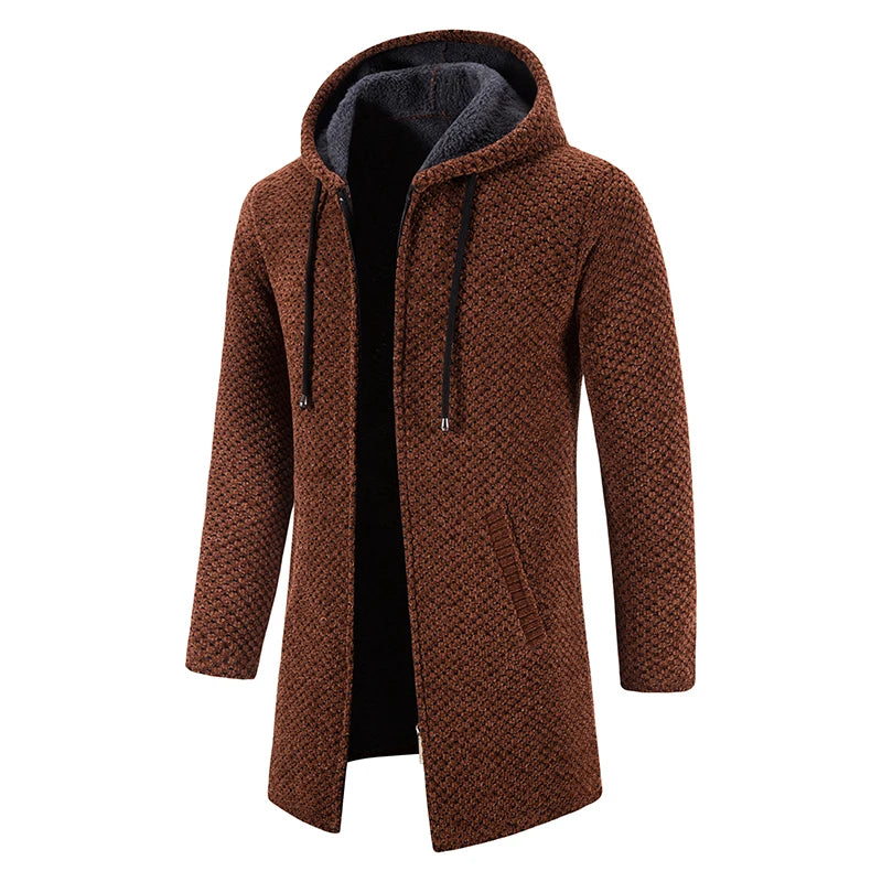 Men's Winter Trench Coat Long Knit Sweater Jacket Fleece Warm Hoodies Beige Business Casual Cardigan Zipper Jumper Overcoat