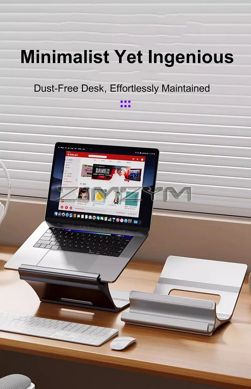 Silver aluminum laptop stand with adjustable height and sleek minimalist design for ergonomic support
