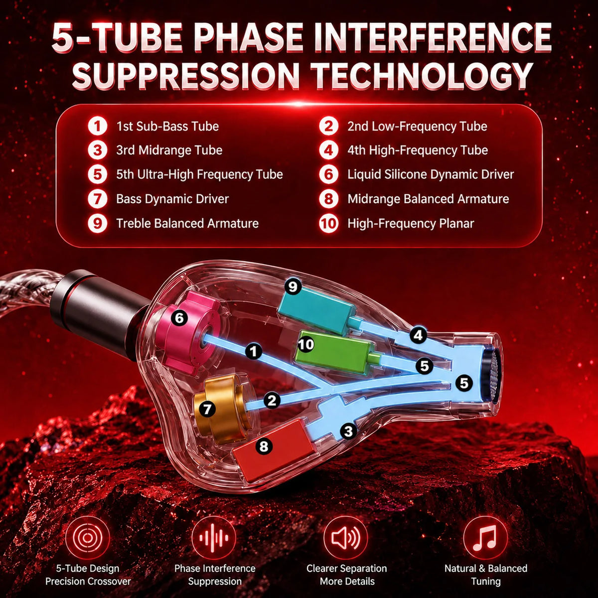 ERAND RESONANCE 5 RED 2DD+2BA+1MP Hybrid IEMs Wired HIFI In-ear Earphones 5-driver 5-tube 5-way Monitor Headphones Earbuds