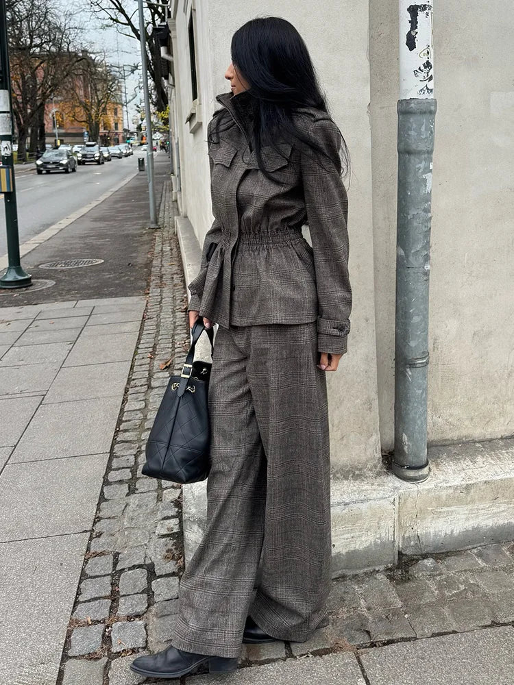 HH Women's Winter Fashion Versatile Wool blend Plaid Ruffled Hem Jacket+Series Wool Plaid Balloon Version Casual Long Pants Suit