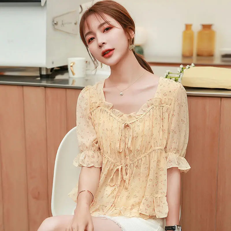 Shirts & Blouses for Women Simple Woman Top Ruffleswith Print New Collection 2025 Fashion Korea Stylish Summer Novelties M Tall