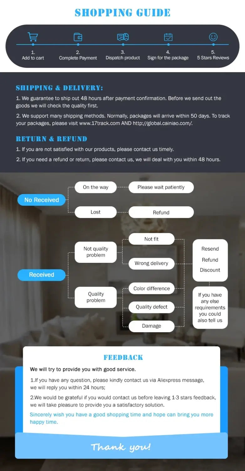 shopping guide with blue and white text on a dark background detailing shipping, return and refund policies, and customer feedback procedures for a transparent desktop fish tank with lid.