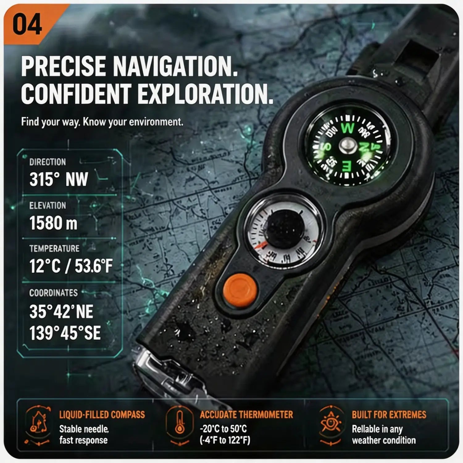 Black rugged 7-in-1 outdoor survival whistle and multitool featuring a green-lit liquid-filled compass dial with an accurate thermometer and an orange button for extreme conditions.