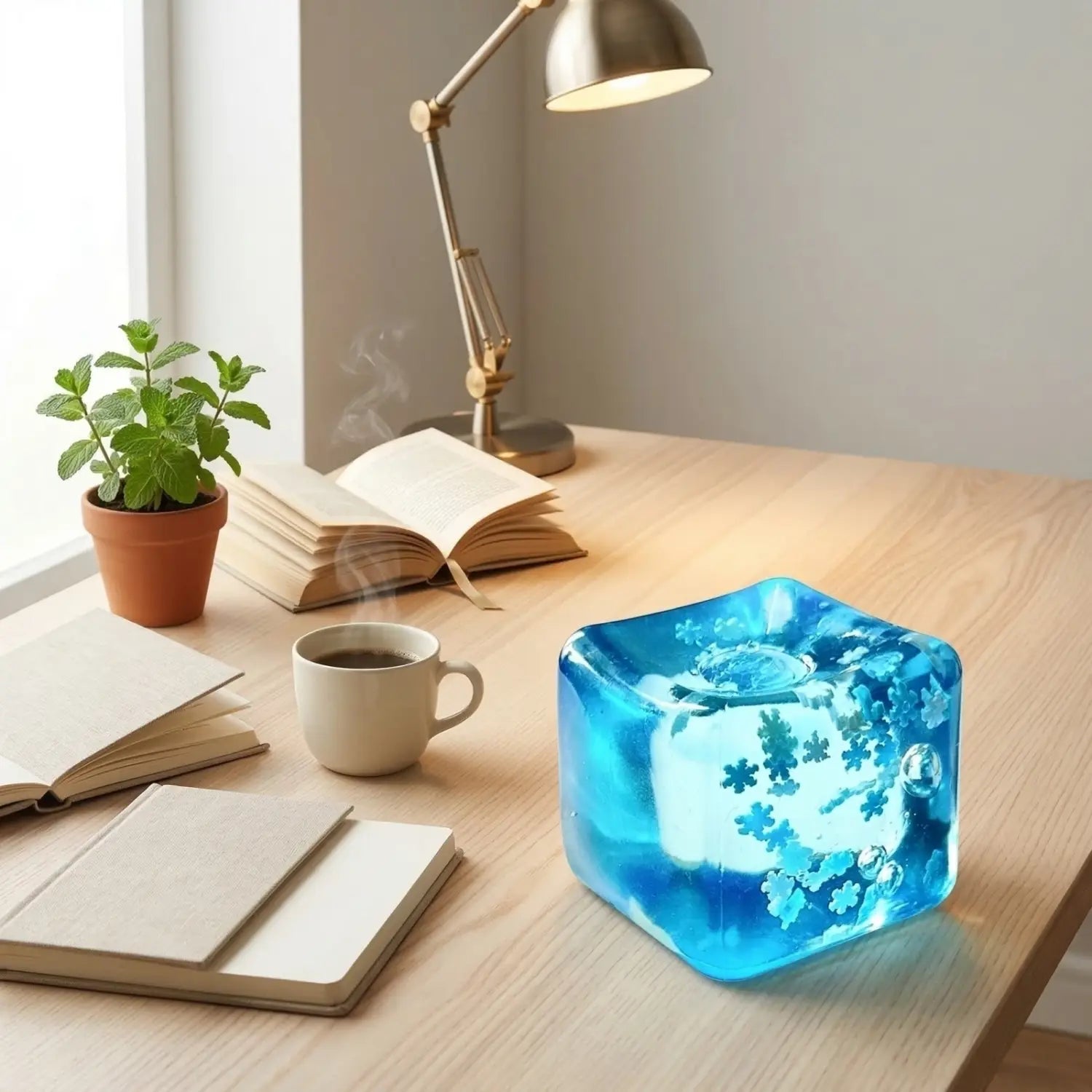 ein durchscheinender blauer würfelförmiger Malzzucker-Entspannungs-Quetschspielzeug mit eingebetteten floralen Mustern und einem leuchtenden Inneren, das wie eine Wassertropfen wirkt.