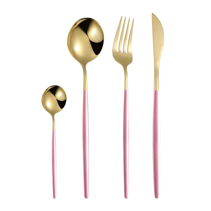 4/24pcs Stainless Steel Tableware Set, Luxurious Gold and Powder, Including Knife, Fork and Spoon, Suitable for Parties.