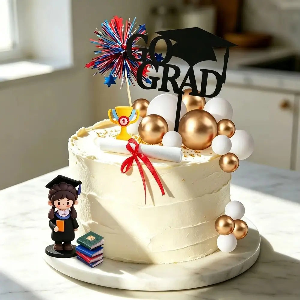 Un gâteau de remise des diplômes à glaçage blanc, décoré de décorations sphériques dorées et blanches, comprenant un accessoire « go grad » noir avec un bonnet, une mini figurine de diplômé tenant des livres, et un diplôme noué avec un ruban rouge.