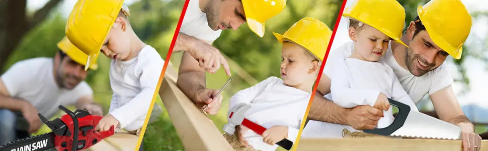 tronçonneuse-jouet en plastique rouge et noir avec tronçonneuse arborant une marque, provenant d’un ensemble de jouets d’outils avec perceuse électrique et établi, conçue pour le jeu d’imitation des enfants.
