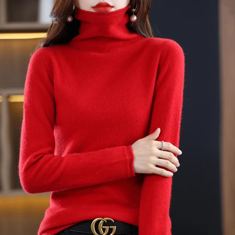 Women's 100% Merino Wool Sweater Autumn Winter Fashion Pile Collar Pullover Cashmere Sweater Casual Long-sleeved Knitted Tops