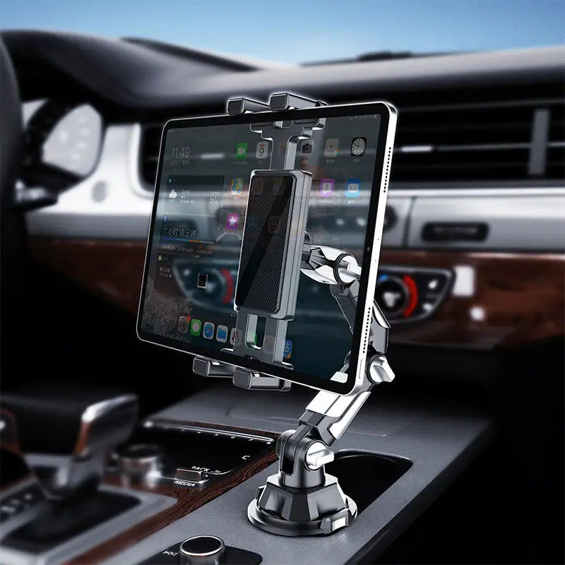 Silver metallic car phone mount 360 adjustable hands free stand with adjustable arms and suction cup base designed to securely hold an iPad in place.
