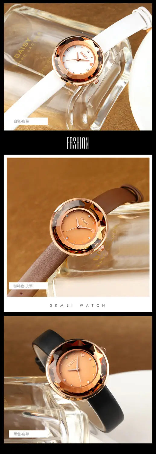floral quartz watch with rose gold case and round beige or light brown dial featuring interchangeable white brown and black leather straps in a gift box.
