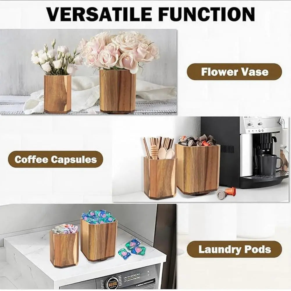Wooden rotating kitchen utensil holder countertop organizer with hexagonal natural finish storage container versatile for use as flower vase or coffee capsule holder.