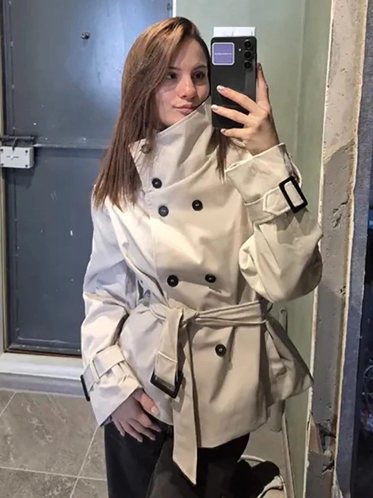 Minimalist Brown Belted Waist Trench Coat Women Vintage Double Breasted Stand Collar Jacket 2026 New Autumn Chic Casual Overcoat