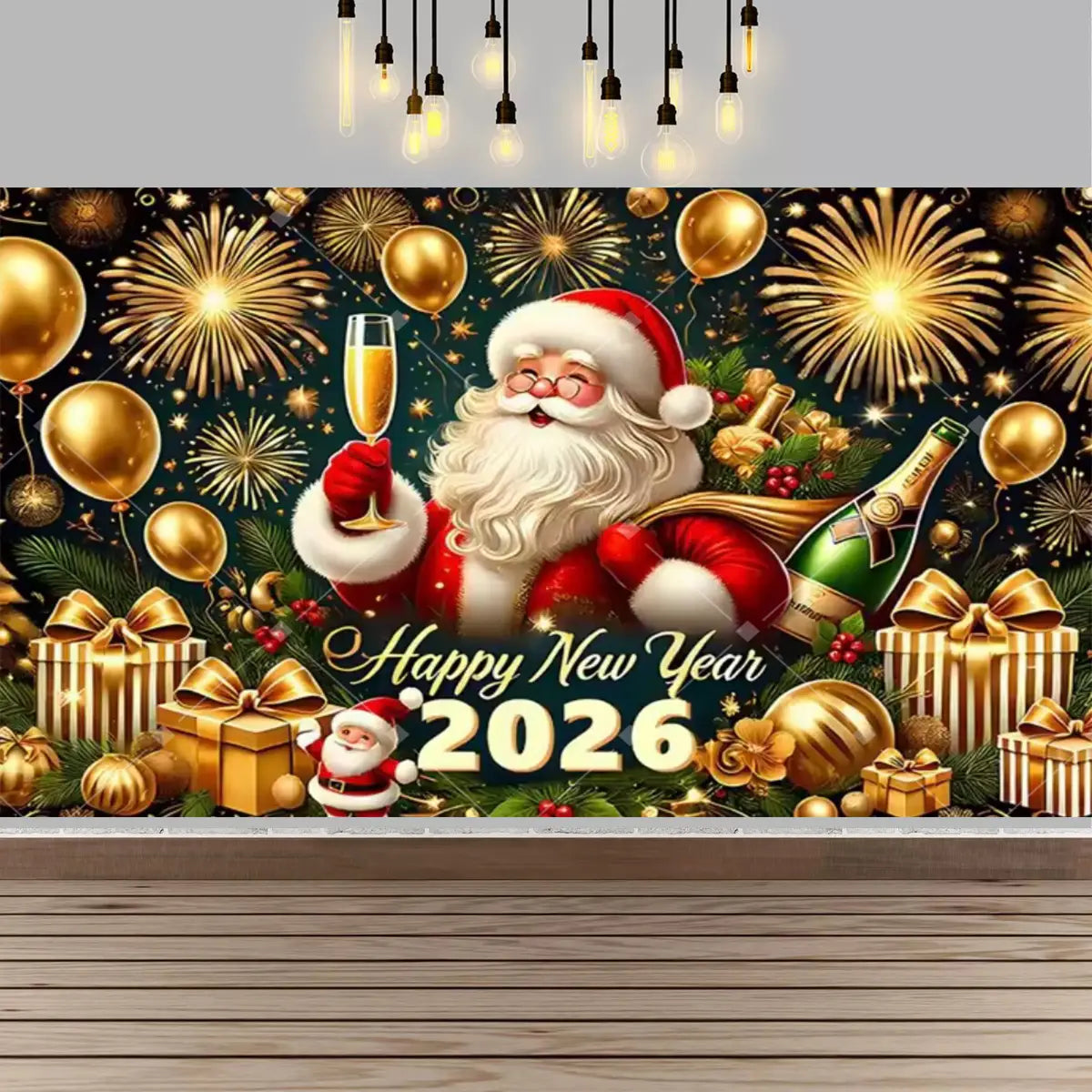 golden new year party photography backdrop for 2026 featuring santa claus holding a champagne flute surrounded by fireworks balloons gifts and a bottle of sparkling wine with a festive clock design.