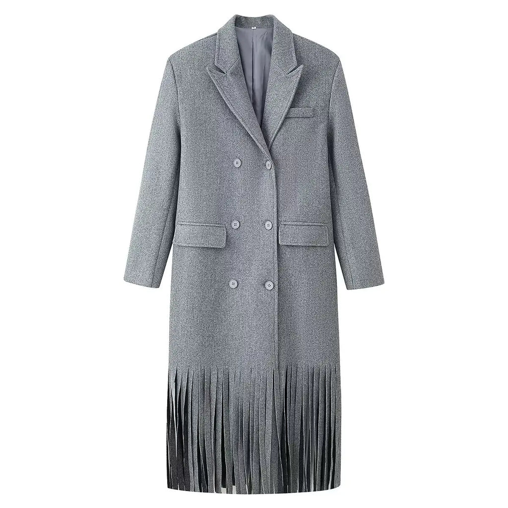 HH Women Winter Fashion Lapel Long Sleeve Woolen Jacket Female High Street Double Breasted Fringed Hem Decoration Pocket Coat