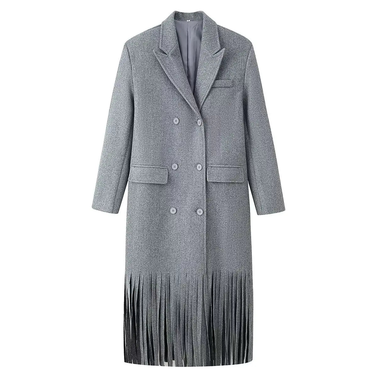 HH Women Winter Fashion Lapel Long Sleeve Woolen Jacket Female High Street Double Breasted Fringed Hem Decoration Pocket Coat
