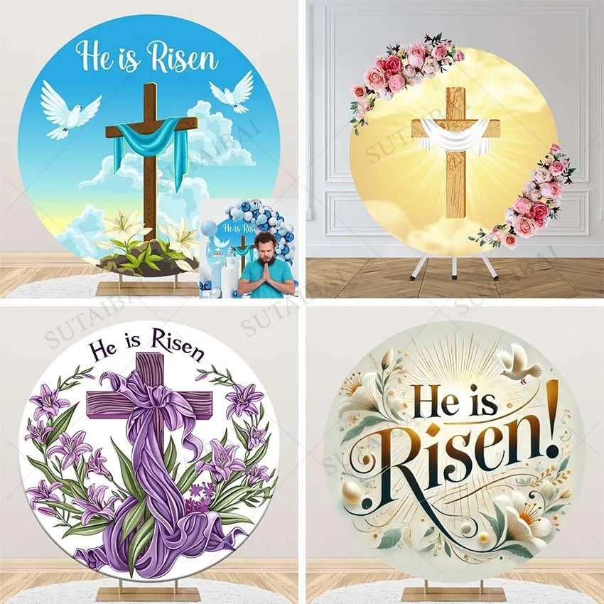 Easter He Is Risen Round Backdrop Jesus Resurrection Circle Backdrop Holy Light Lily Flower Photography Background for Easter