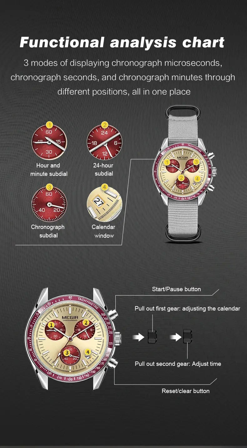 A sleek silver-toned Megir men canvas chronograph watch with a beige dial, red accents on the bezel and subdials, and a light gray fabric strap.