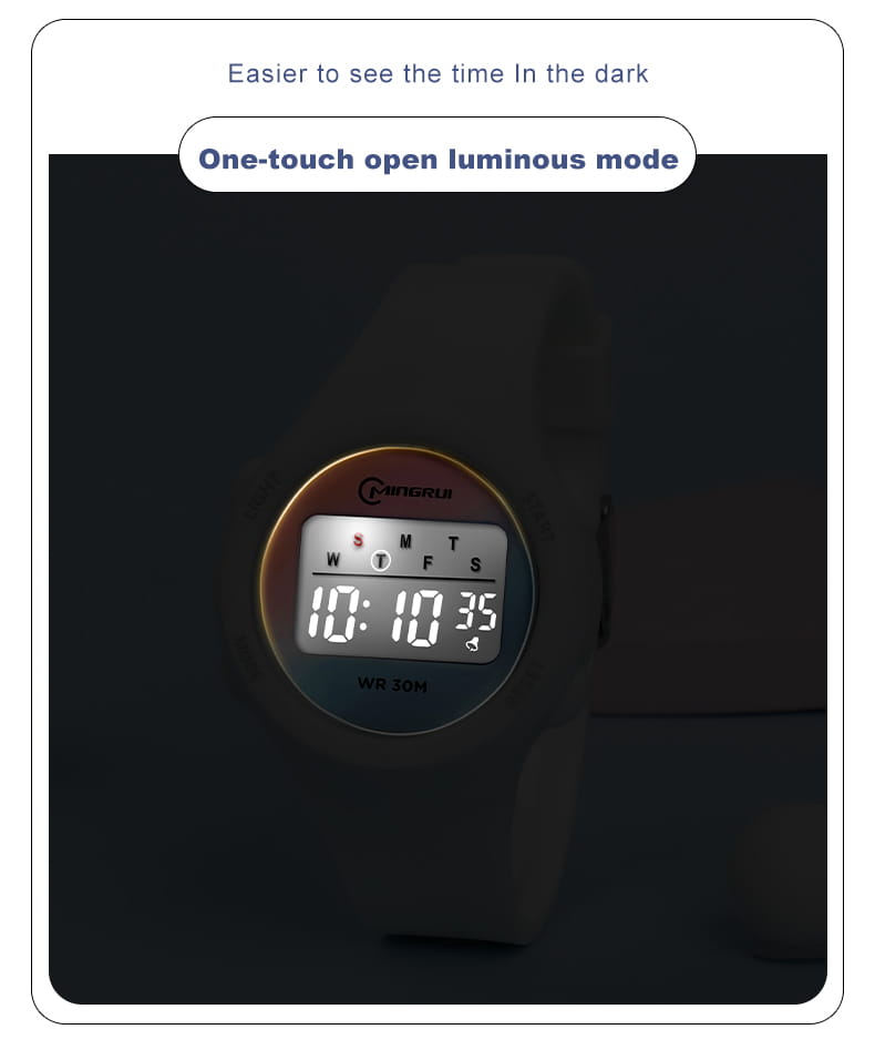 A kids waterproof digital sports watch in purple with a sleek round face, gold-tone bezel, black strap, and white numerals displaying the time 10:10:35.