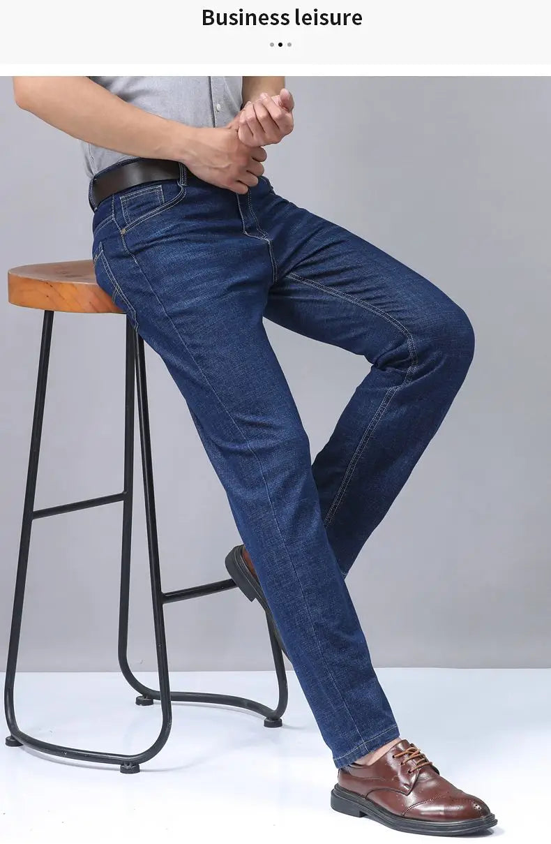 Men’s stretch cotton straight jeans in dark blue denim with a classic straight-leg cut and visible stitching details for casual wear.