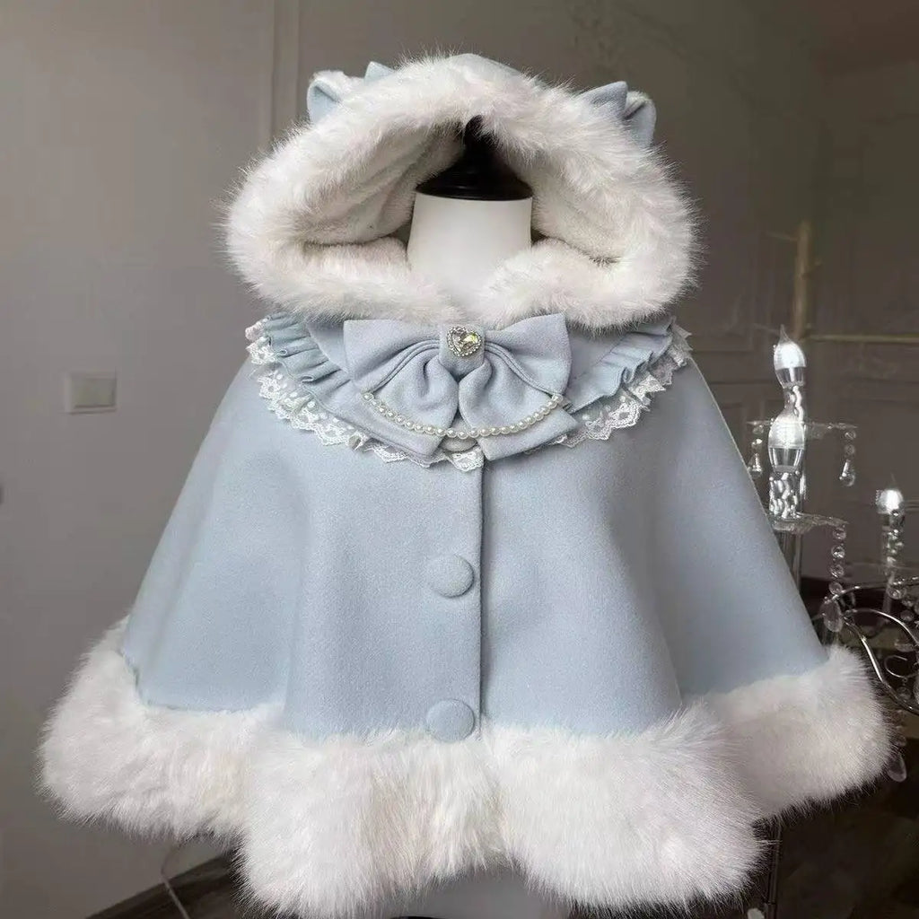 Women Autumn Winter Japanese Bow Ruffles Ponchos Lolita Style Sweet Kawaii Capes Coat Vintage Warm Comfy Outerwear Clothing