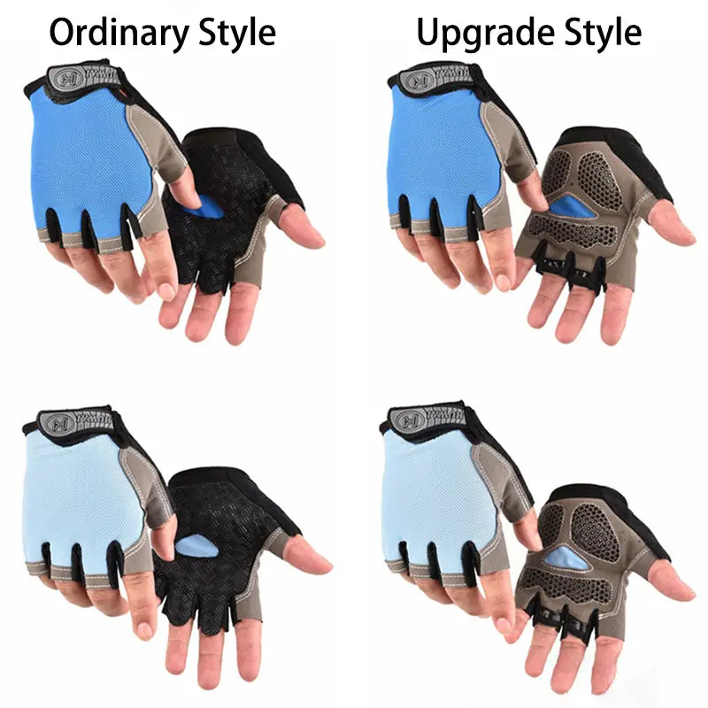 Guantes de ciclismo de media yema en color azul y gris para entrenamiento físico, transpirables, con diseño sin dedos y paneles de malla transpirable para un mejor agarre, mostrados por el lado trasero.