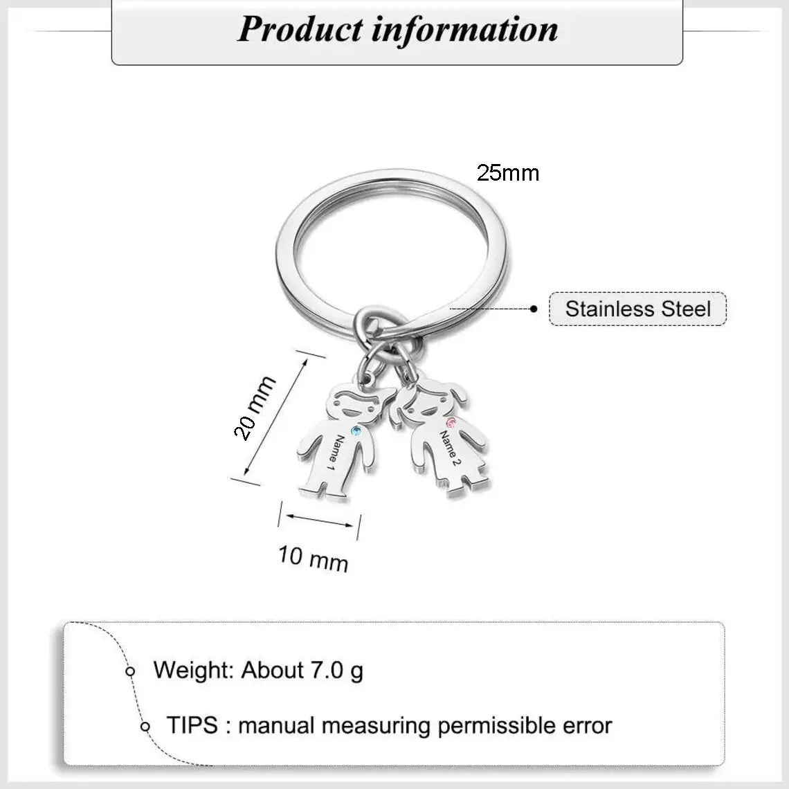 Silver stainless steel personalized family keychain featuring three custom engraved kids names.