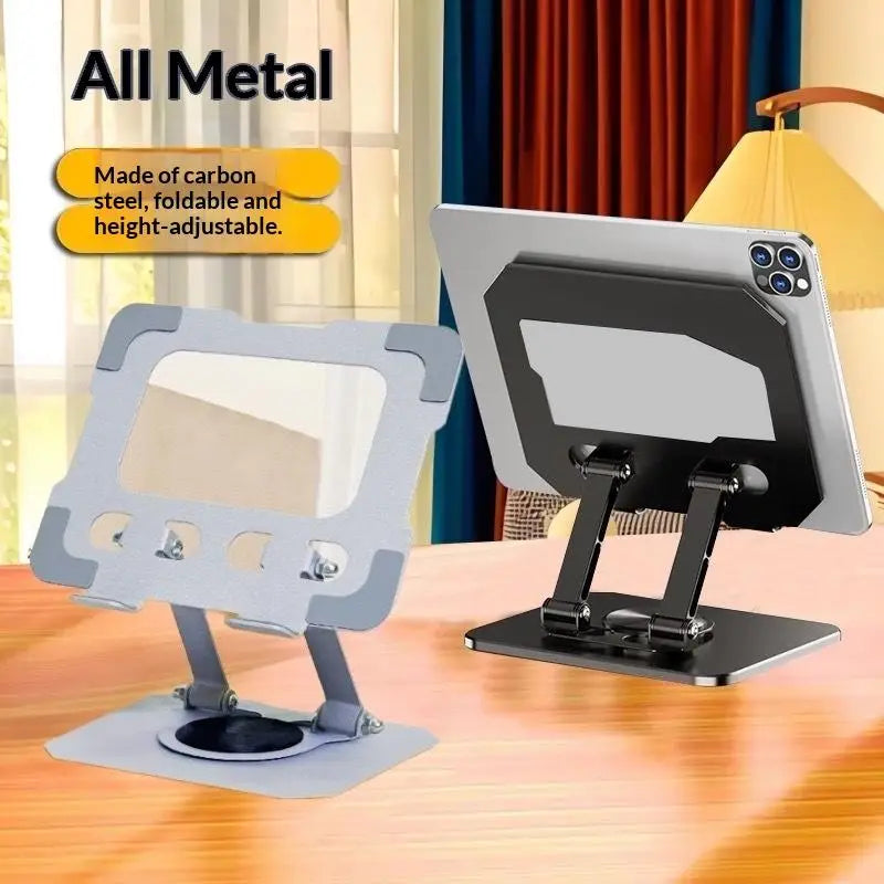 Silver and black aluminum alloy tablet phone stand made of carbon steel with foldable design and height-adjustable legs for 360 rotatable use.
