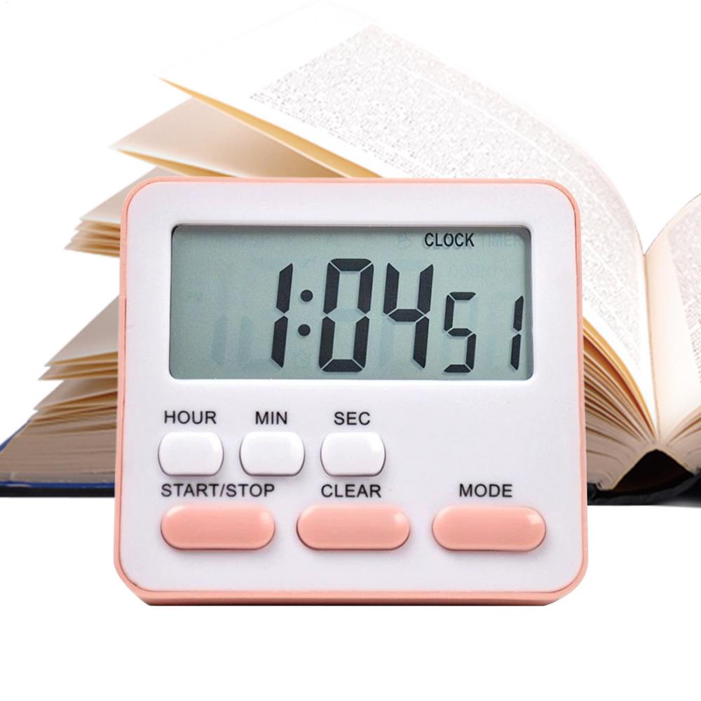 Ein pink-weißer digitaler Küchentimer mit einem rechteckigen Display, das 1:04:51 anzeigt, und vier Soft-Touch-Tasten mit den Bezeichnungen Start/Stopp, Löschen, Modus sowie Stunde/Minute/Sekunde für die Verwendung einer geräuschlosen Countdown-Uhr.