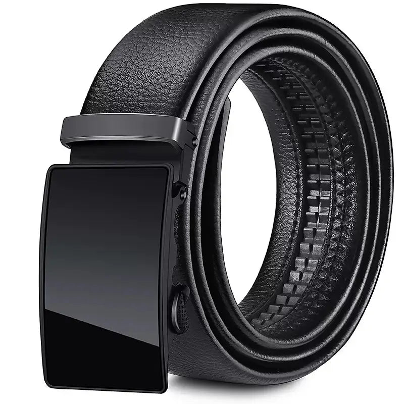 Ceinture en cuir noir pour hommes avec une boucle automatique métallique au fini mat élégant et une ceinture en PU noire.