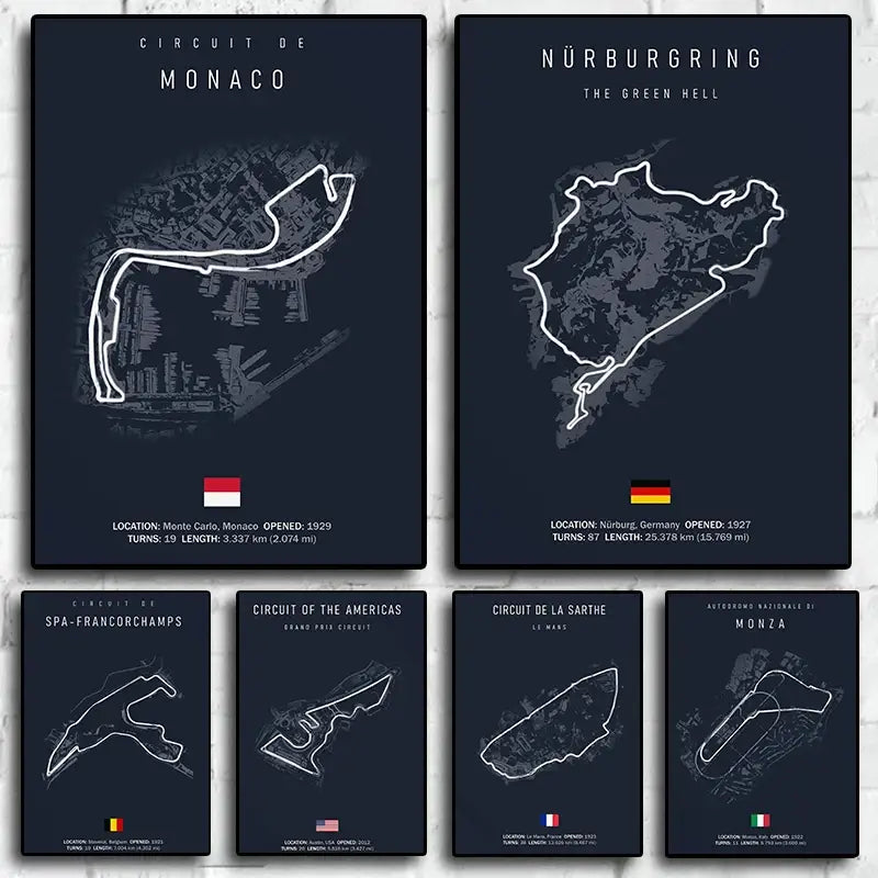Lot de cinq affiches de circuits de course de Formule 1 en bleu marine foncé, présentant des contours en lignes blanches et des drapeaux nationaux, conçus comme décoration murale pour la décoration de la maison dédiée au sport automobile.