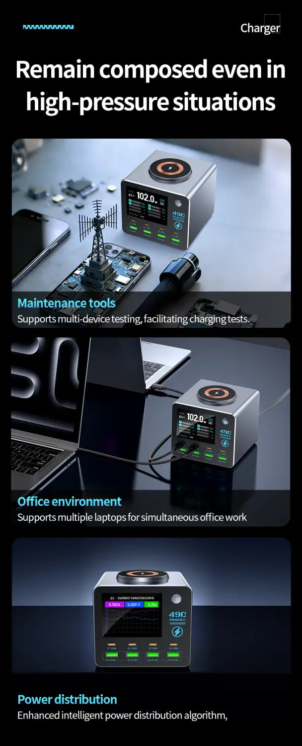 silver cube-shaped 140w 9-port smart gan desktop charger with a circular display and green led indicators designed for multi-device charging