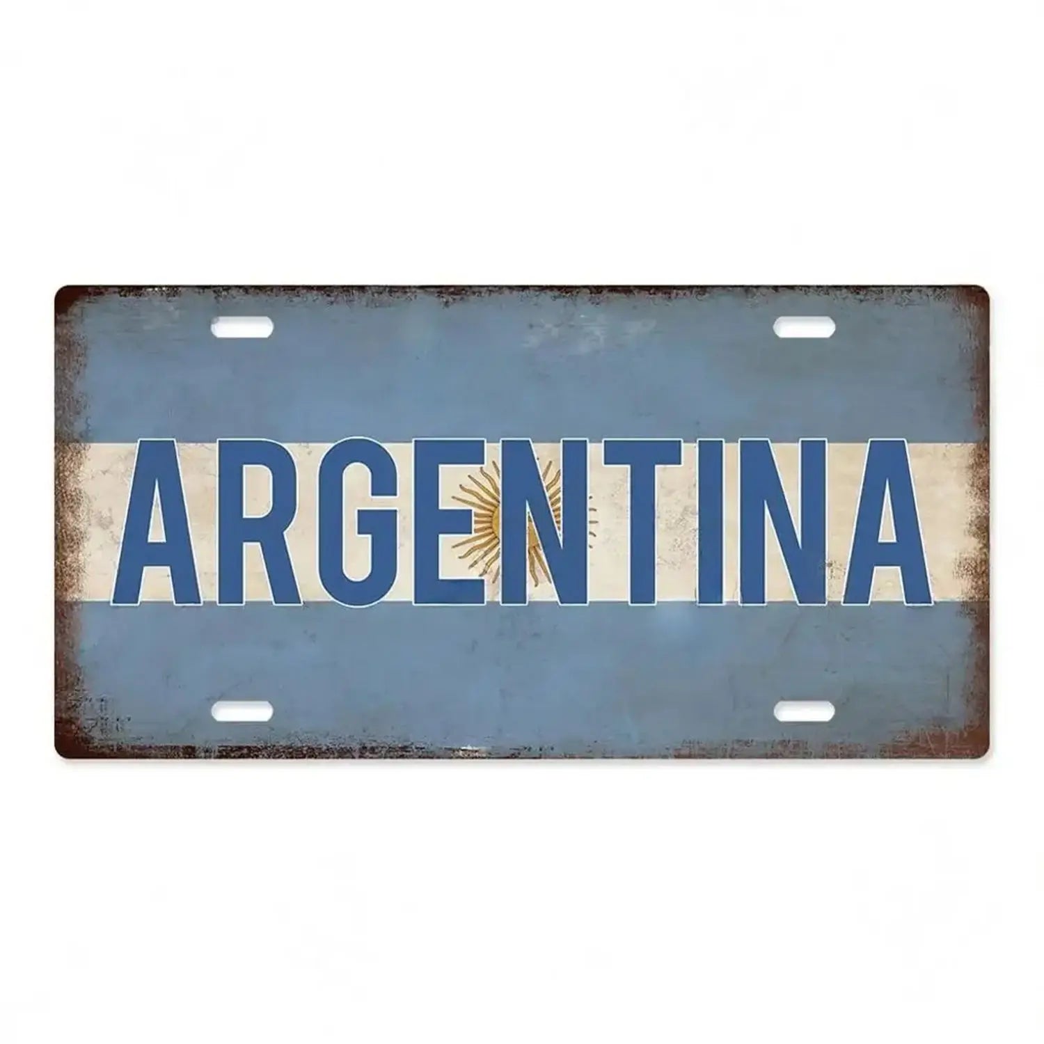 Rustic blue and white metal license plate plaque featuring the word Argentina with a sun emblem designed as vintage wall decor in the style of an India flag metal license plate.