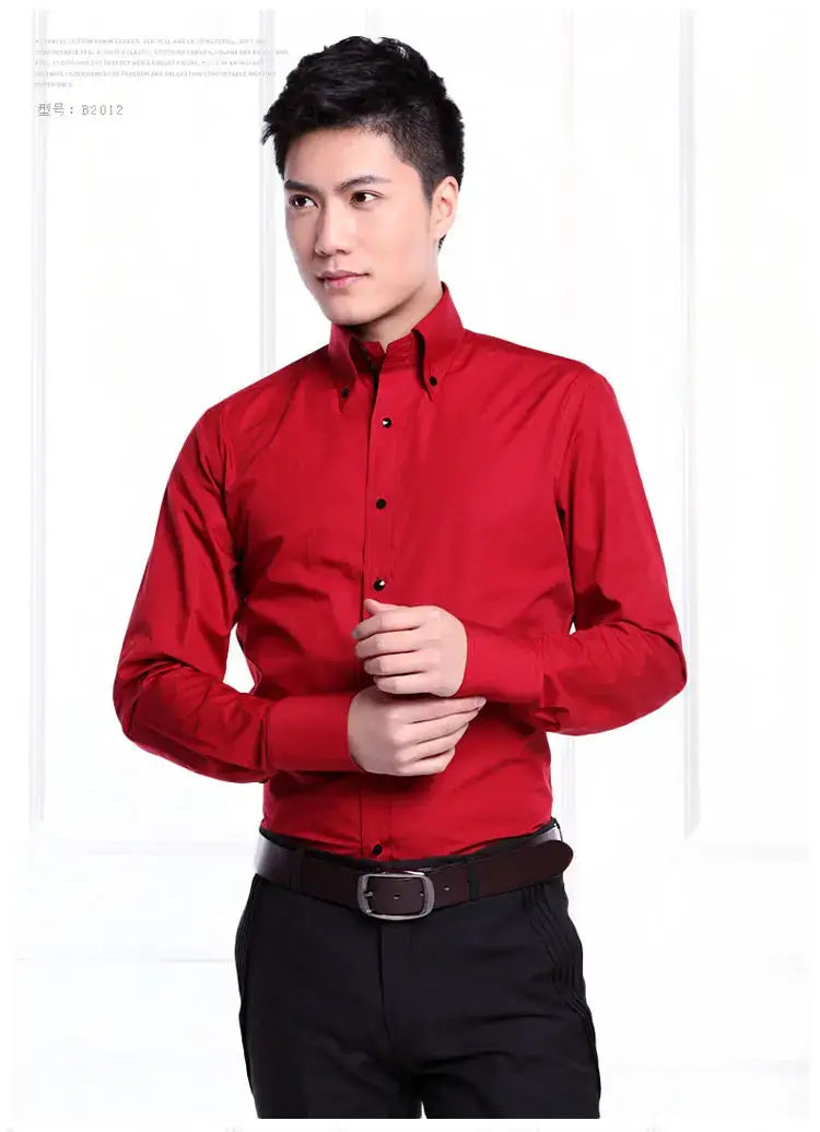 A vibrant red men slim fit long sleeve dress shirt with a classic collar and button-down front.