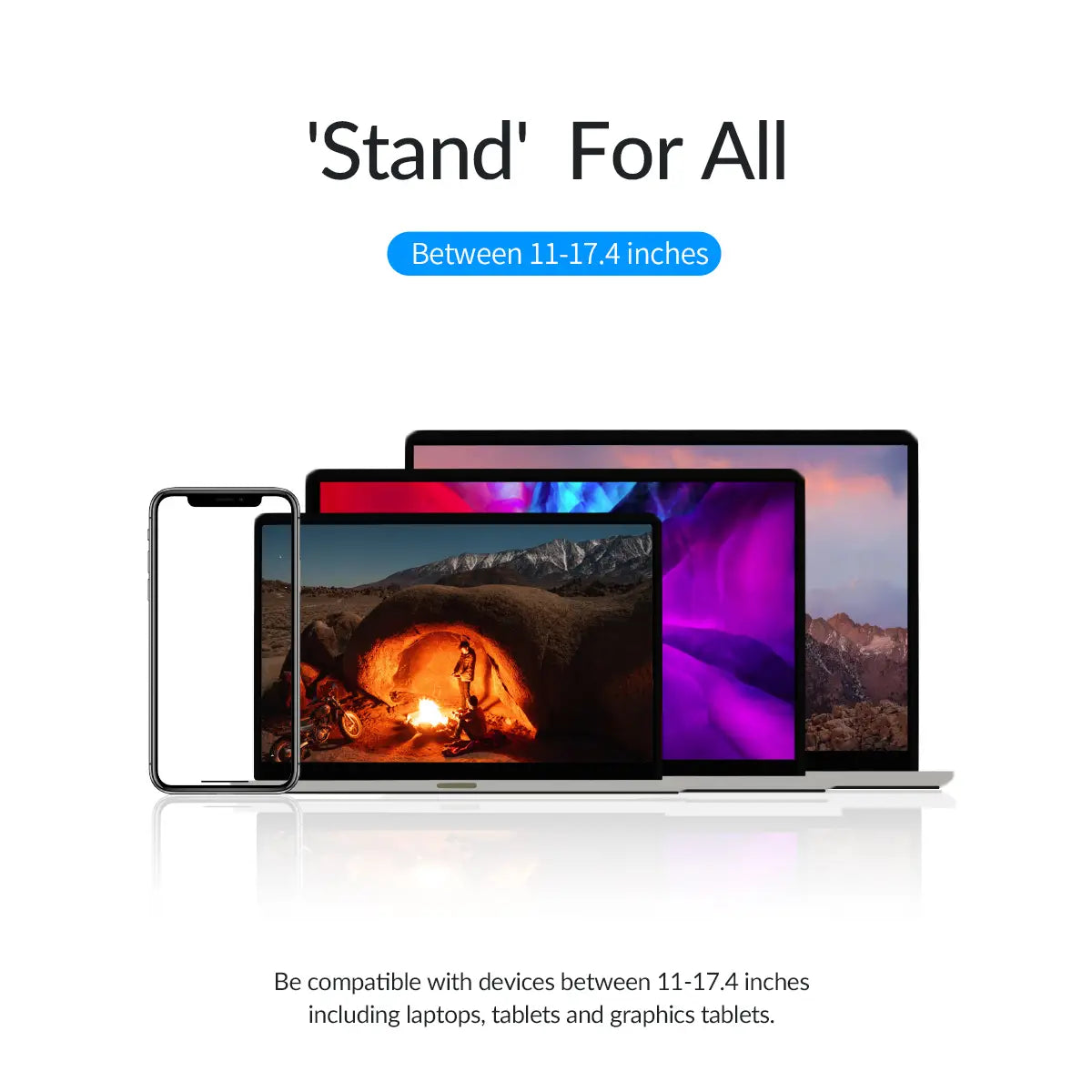 Silver Orico portable aluminum laptop stand with adjustable height designed to support devices between 11 and 17.4 inches featuring a sleek and minimalist design for optimal viewing angles.