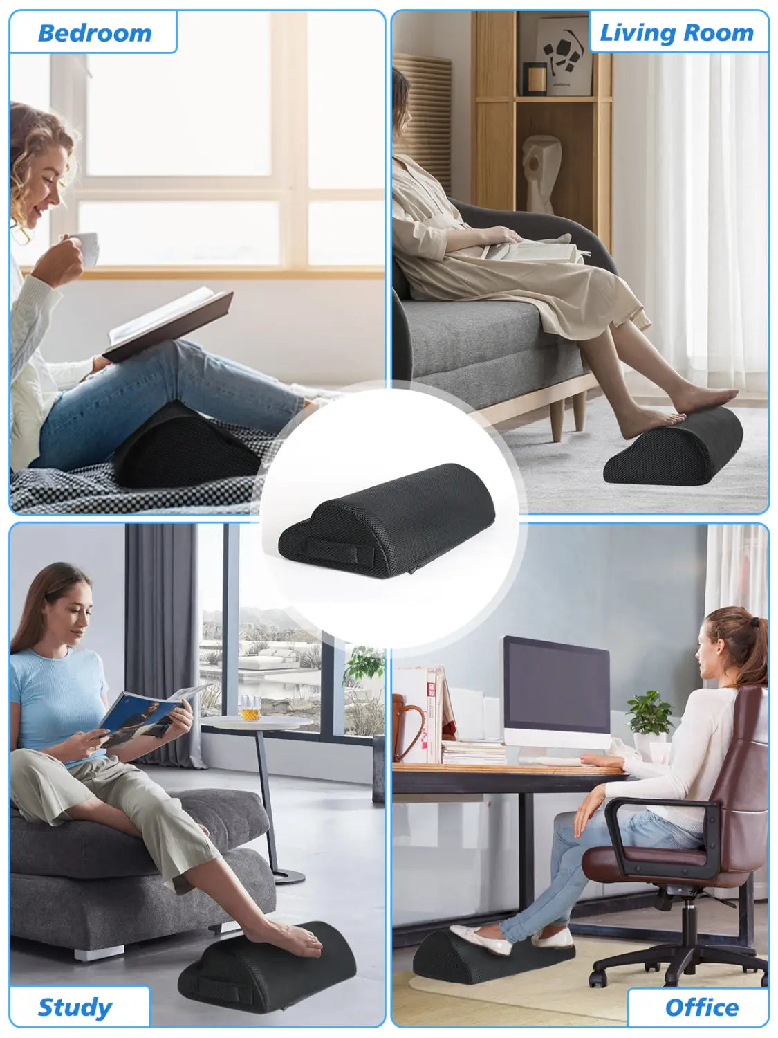 Black ergonomic footrest with contoured shape and textured surface designed for lumbar support and enhanced comfort featuring LED lighting.