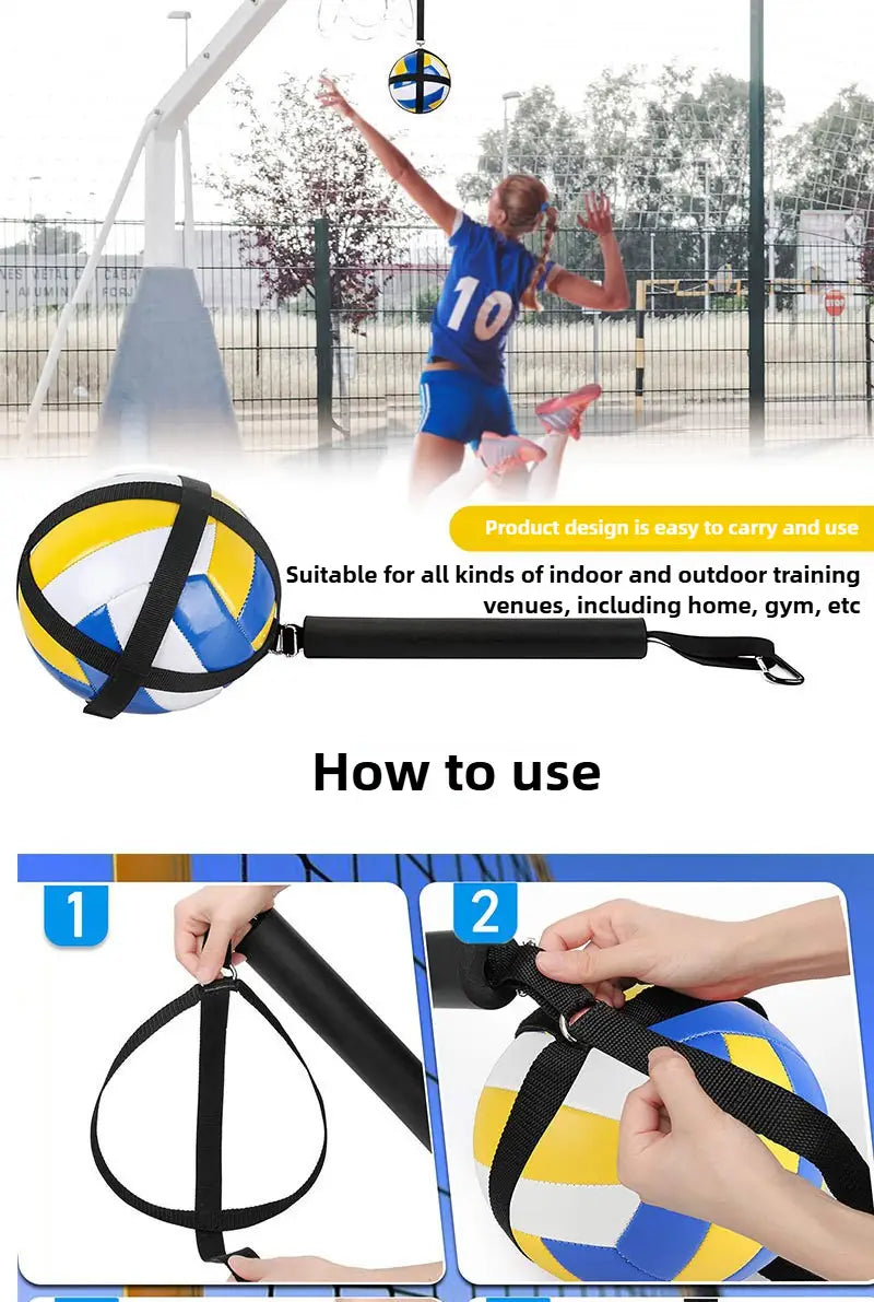 blue and yellow volleyball attached to a black adjustable strap training aid for outdoor spike training system