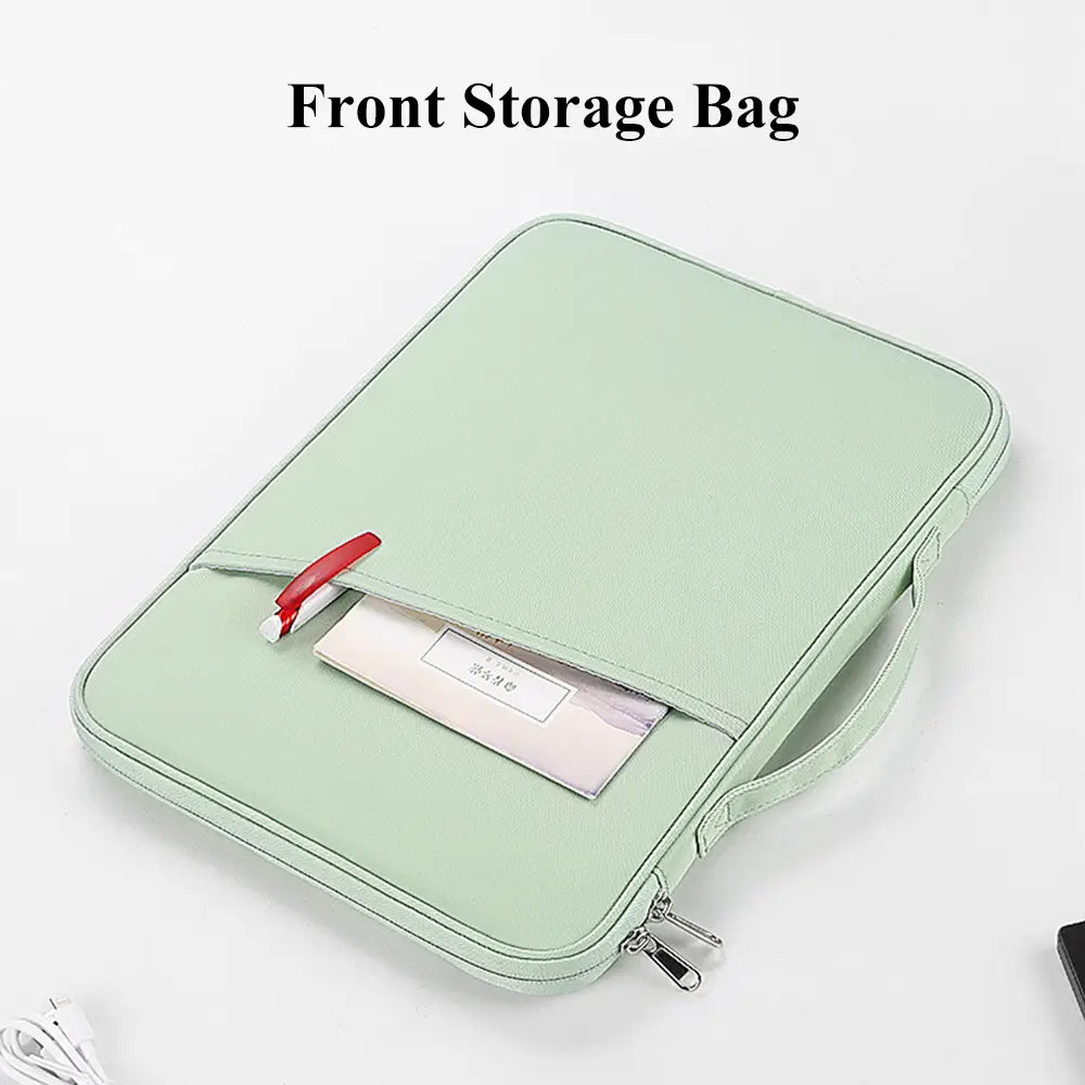mint green front storage bag with subtle textured surface and zippered closure for pink laptop sleeve 11 to 13 inch padded case