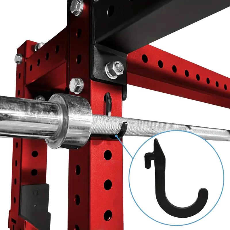 black heavy duty metal barbell hook for squat rack storage shown from the back side