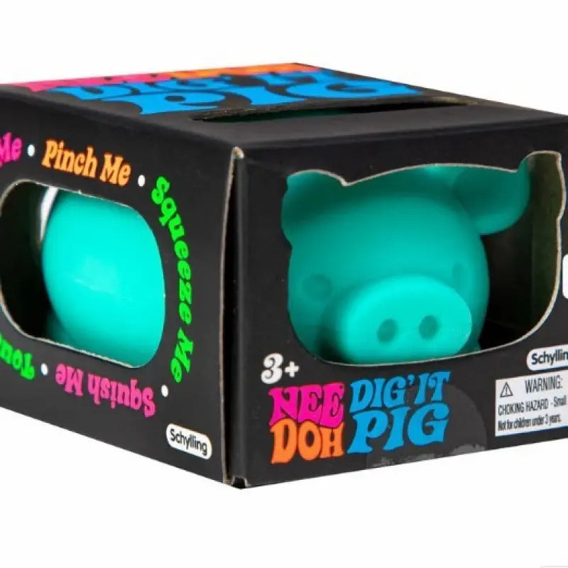 A teal-colored, squishy Needoh Digging Pig sensory fidget toy displayed in a black box with colorful branding.
