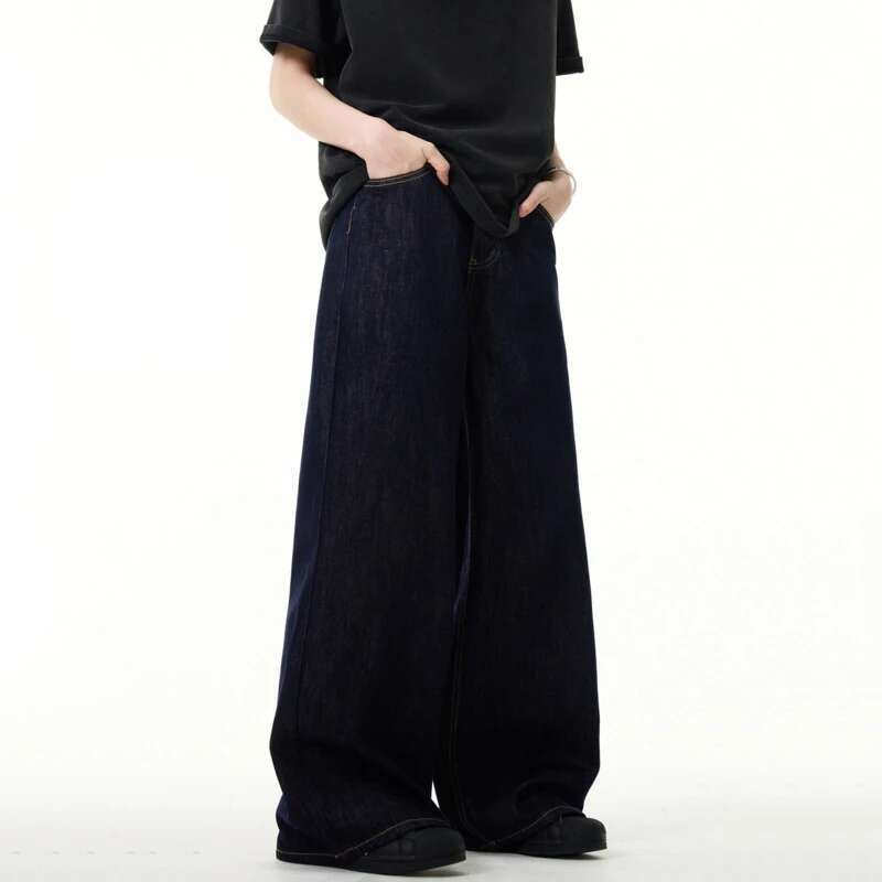 Iefb men black vintage wide leg jeans are wide-leg denim pants with a relaxed straight-cut silhouette.