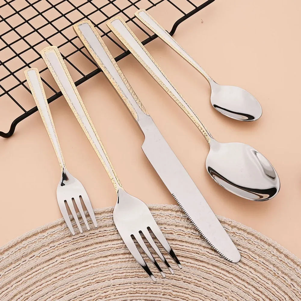 4Pcs Stainless Steel Cutlery Set Knife Fork Spoon Dinnerware Set Embossed handle Dinner Tableware Kitchen Home Flatware
