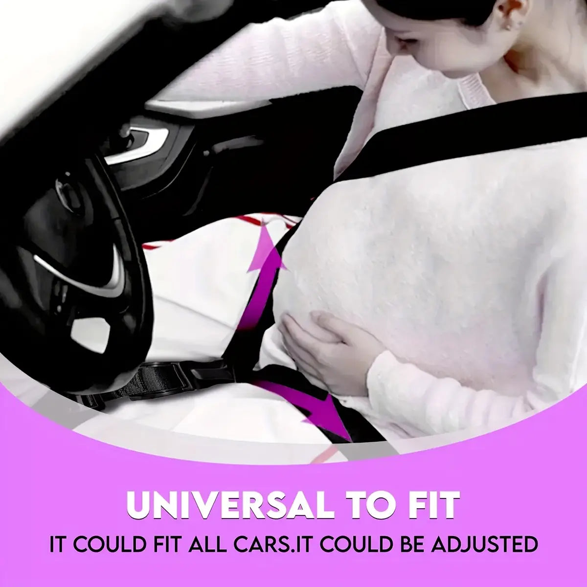 Schwarzer verstellbarer Autosicherheitsgurt aus strapazierfähigem Material, ausgelegt als verstellbare Maternity-Sicherheitsvorrichtung für einen universellen Sitz über alle Fahrzeugmodelle hinweg.