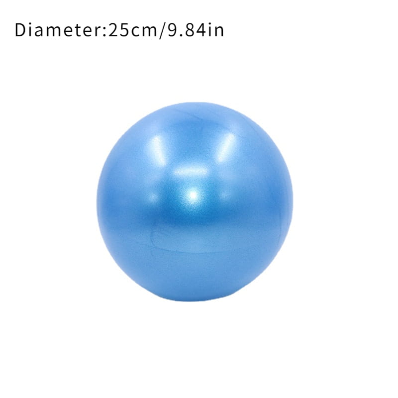 a shiny light blue pilates ball with a smooth inflated surface designed for explosion proof yoga core fitness measuring 25 cm