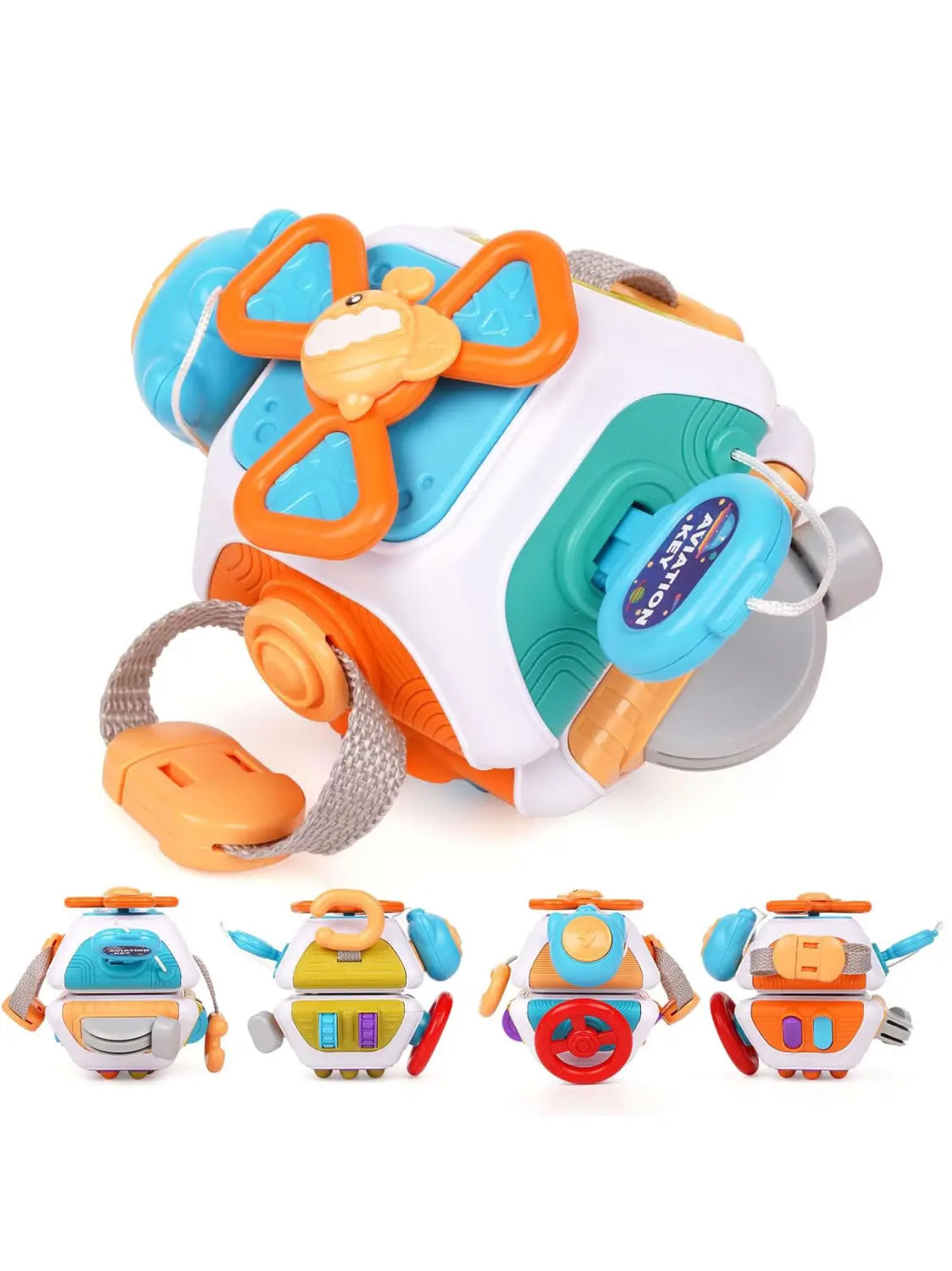 Jouet robot en plastique multicolore, avec des sections orange, bleu et blanc, conçu comme un jouet de voyage cube d’occupation Montessori.