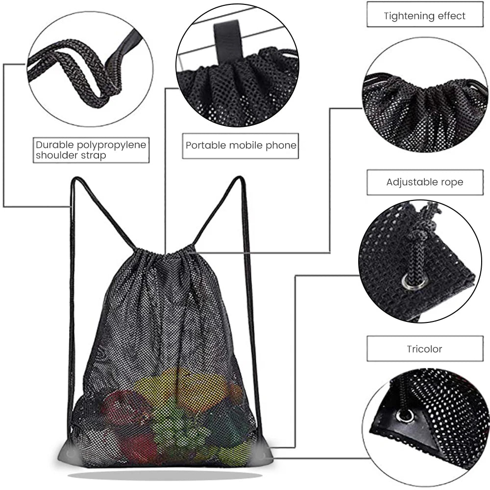 Mesh Drawstring Bag Backpack Black Mesh Bags Heavy Duty Soccer Ball Net Bag Equipment Bag for Gym, Beach, Swimming Gears