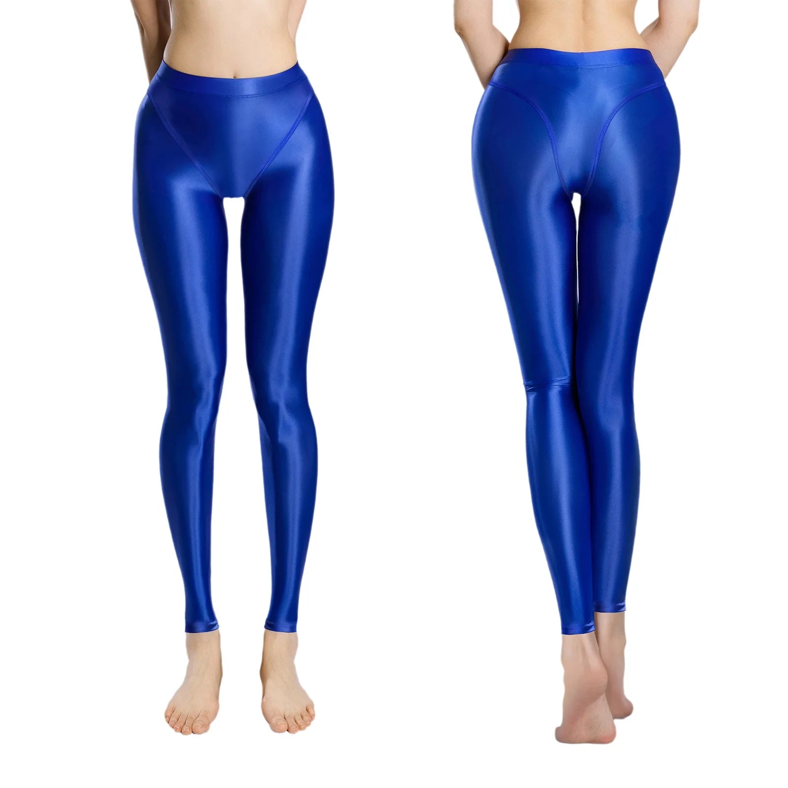 Shiny royal blue metallic glossy high waist stirrup leggings with a form-fitting design.