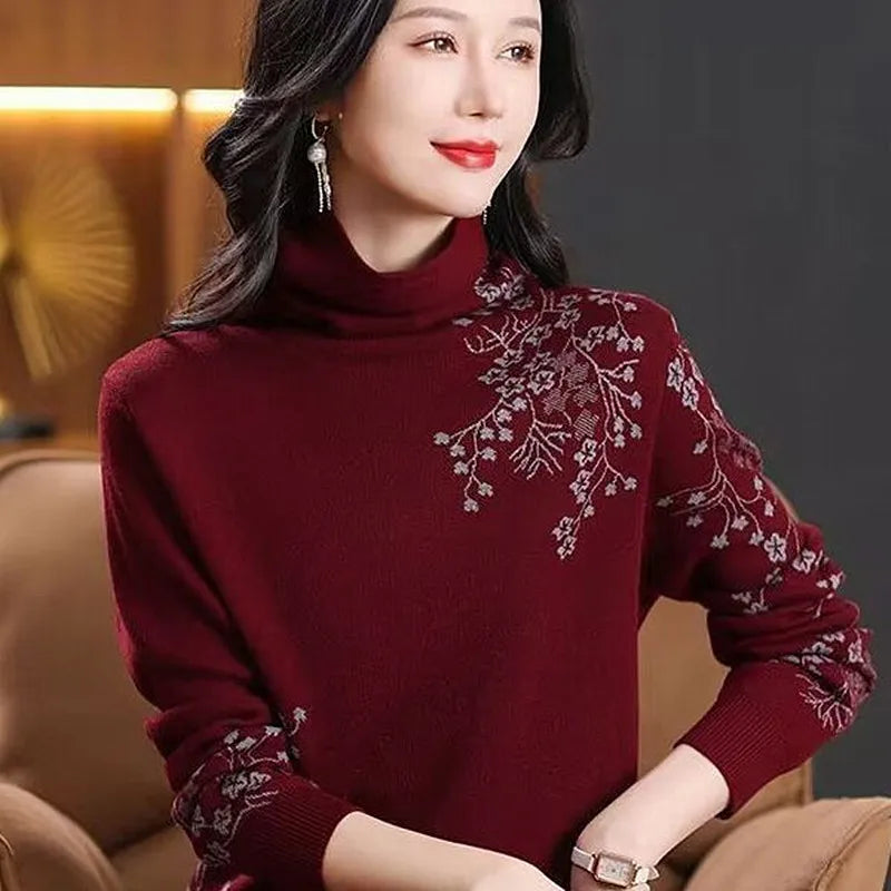 Winter Clothes Woman Vintage Print Woolen Shirt Spring Autumn Turtleneck Warm Knitwear Jumper Turtleneck Pull Women's Sweater