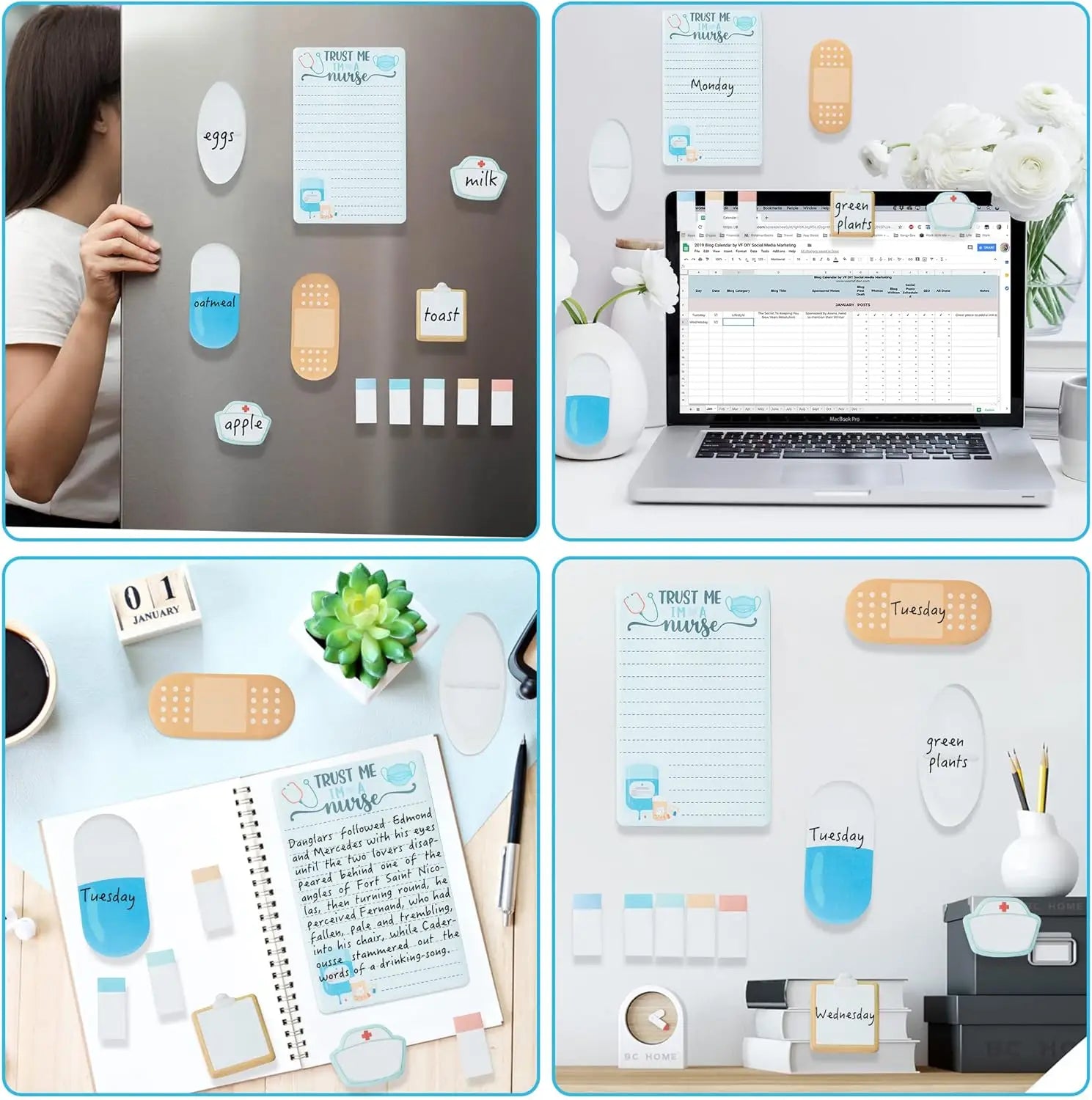 Set aus Krankenpflege-Klebezetteln und Haftpflastern in Pastellblau, Weiß und Beige mit verspielten medizinischen Designelementen für ein Geschenk im Bereich medizinischer Schreibwaren.