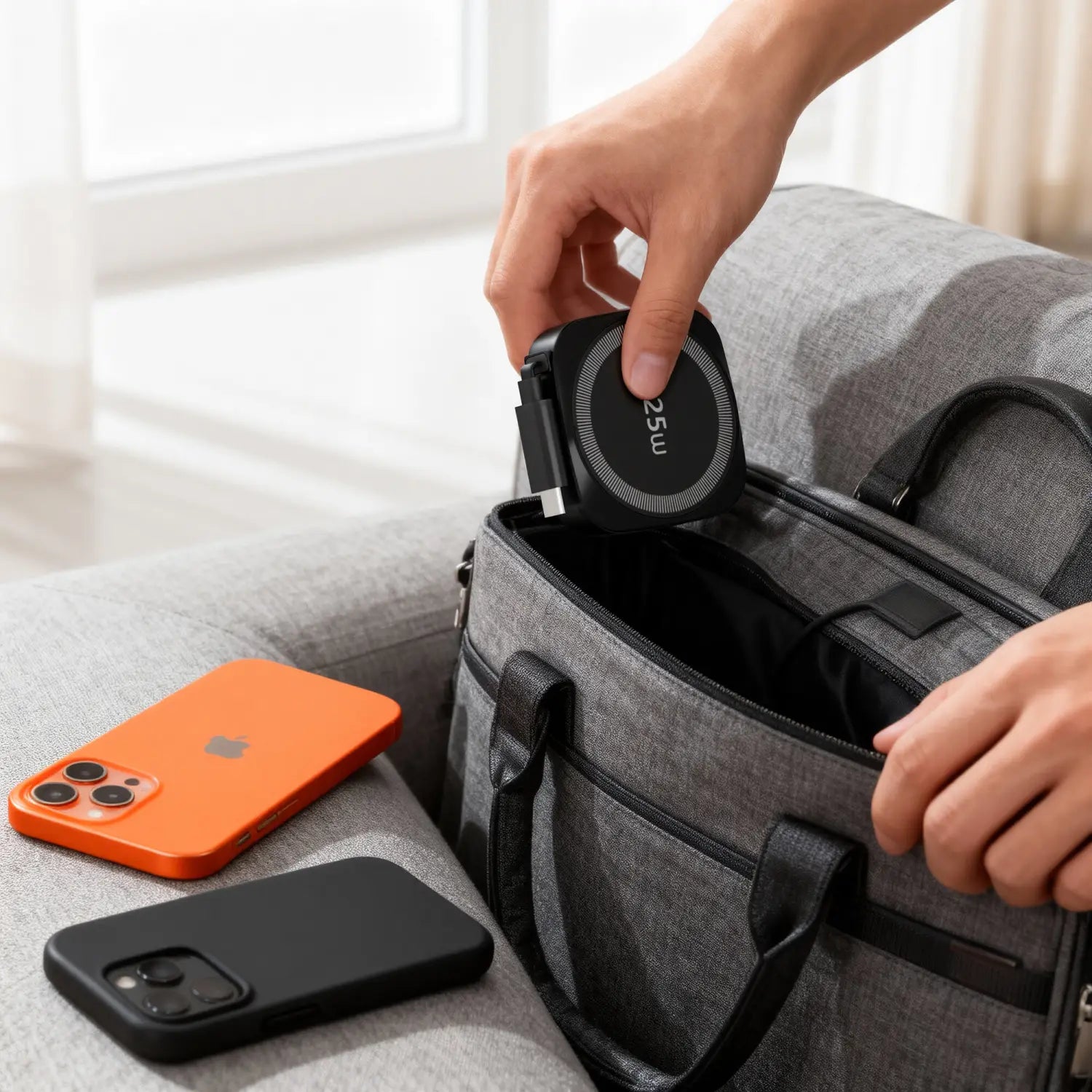 Schwarzes rundes Ladegerät für kabelloses Laden mit M25W-Branding auf der Oberfläche, ausgelegt als orangefarbener 25-W-Magnet-Ladeadapter für kabelloses Laden für iPhone.